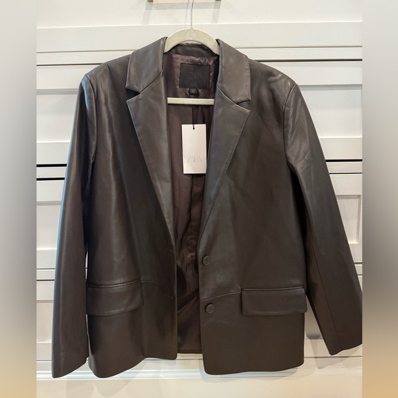 Zara FAUX LEATHER STRAIGHT FIT BLAZER Brown - Picture 3 of 5